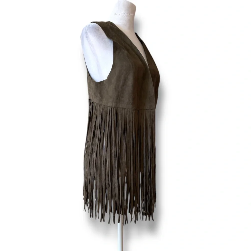 FATE Woodstock Olive Green Faux Suede Fringe Vest Western Festival Boho  Small - Picture 7 of 13